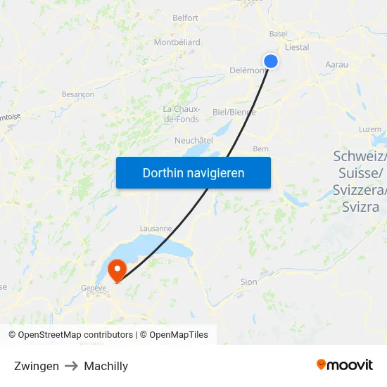 Zwingen to Machilly map