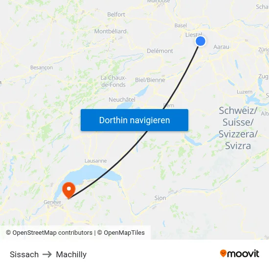 Sissach to Machilly map