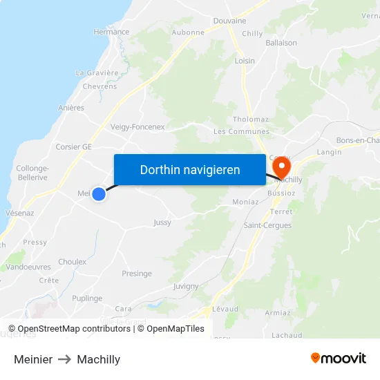 Meinier to Machilly map