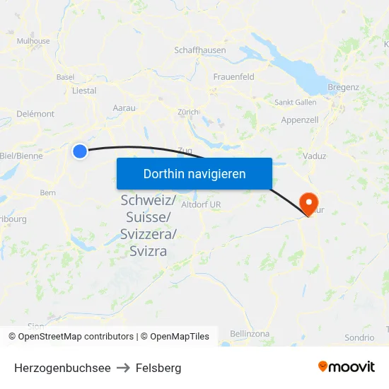 Herzogenbuchsee to Felsberg map