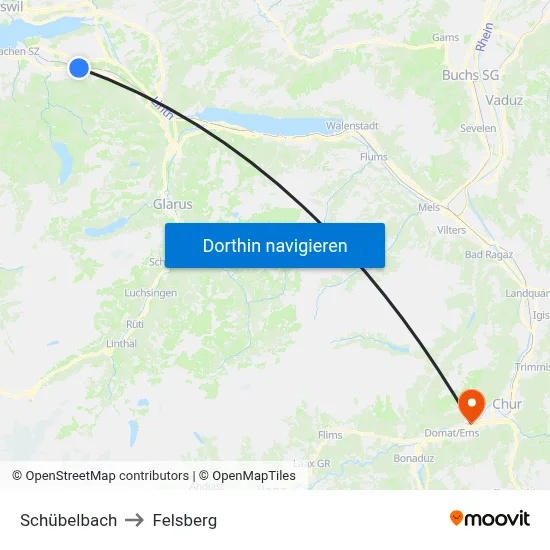 Schübelbach to Felsberg map