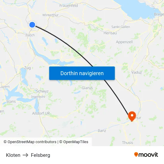 Kloten to Felsberg map