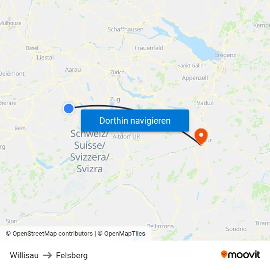 Willisau to Felsberg map
