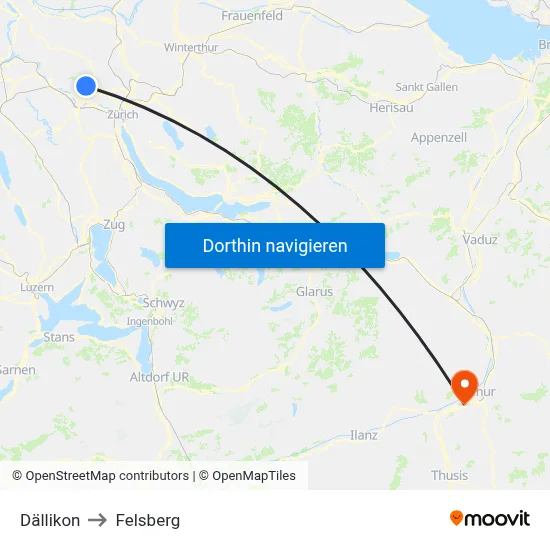 Dällikon to Felsberg map
