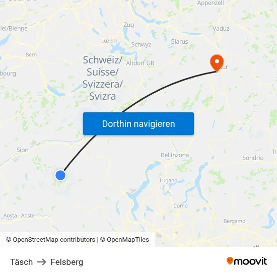 Täsch to Felsberg map