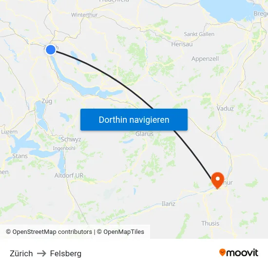 Zürich to Felsberg map