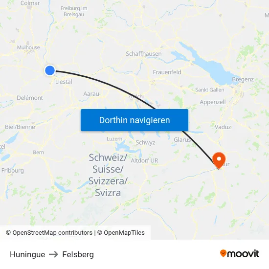 Huningue to Felsberg map