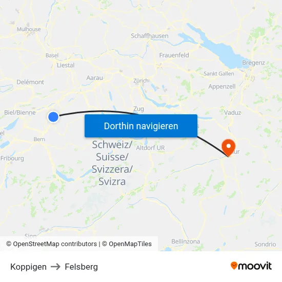 Koppigen to Felsberg map