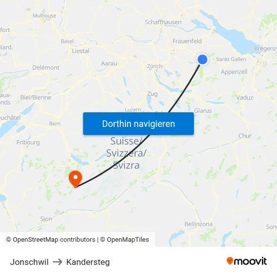 Jonschwil to Kandersteg map