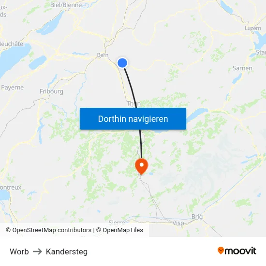 Worb to Kandersteg map