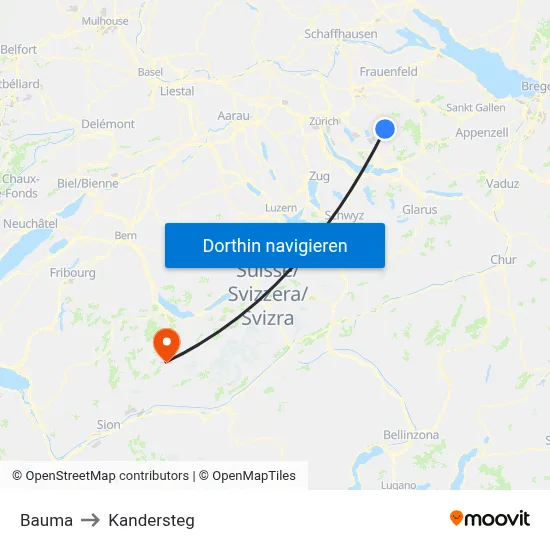 Bauma to Kandersteg map