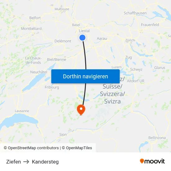 Ziefen to Kandersteg map