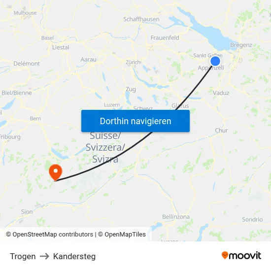 Trogen to Kandersteg map
