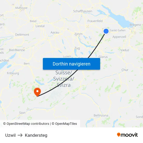 Uzwil to Kandersteg map