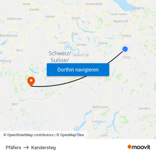 Pfäfers to Kandersteg map