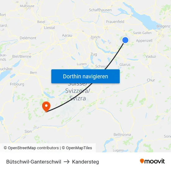 Bütschwil-Ganterschwil to Kandersteg map