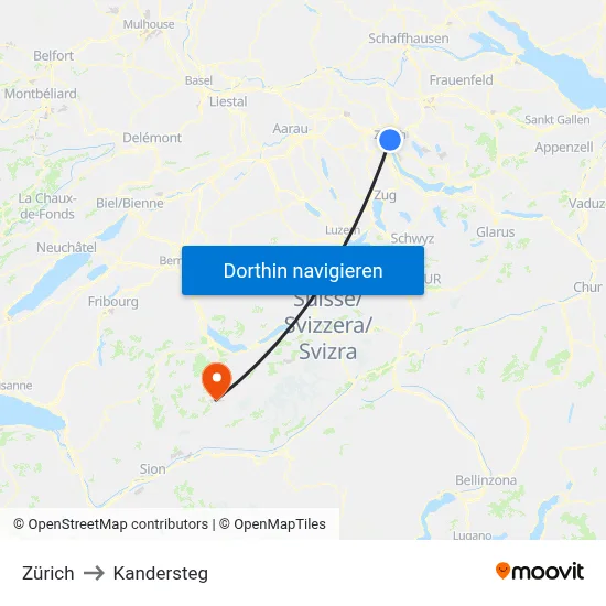 Zürich to Kandersteg map