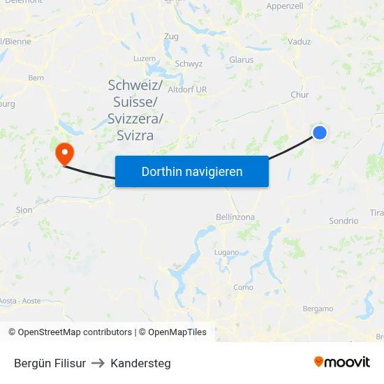 Bergün Filisur to Kandersteg map