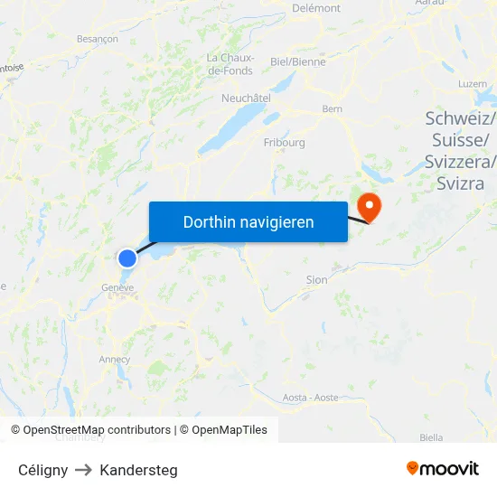 Céligny to Kandersteg map
