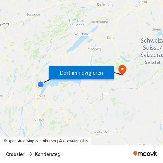 Crassier to Kandersteg map