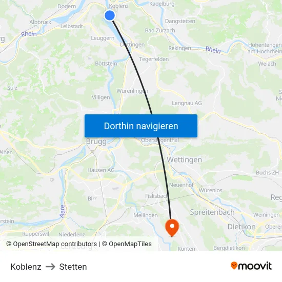 Koblenz to Stetten map