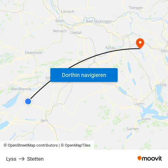 Lyss to Stetten map