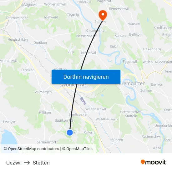 Uezwil to Stetten map