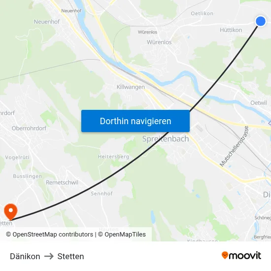 Dänikon to Stetten map