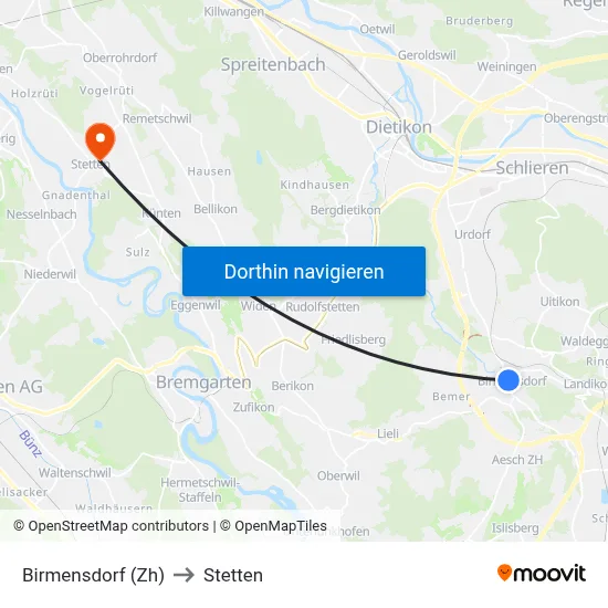 Birmensdorf (Zh) to Stetten map