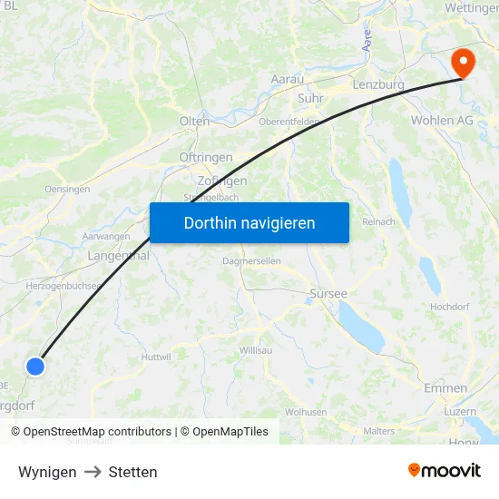 Wynigen to Stetten map