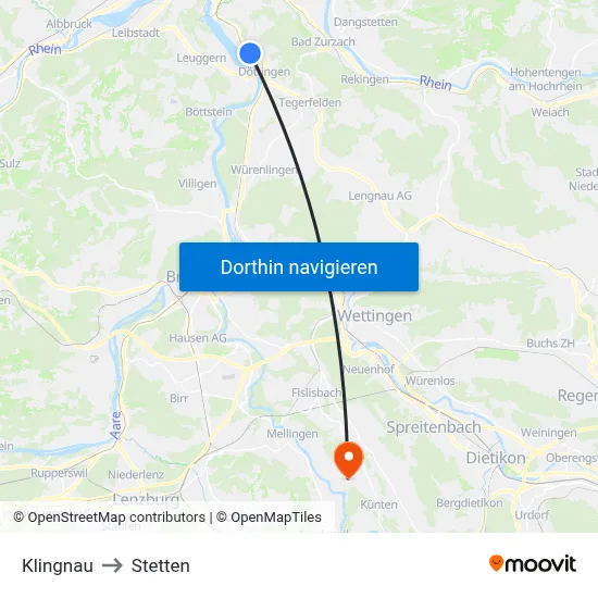 Klingnau to Stetten map