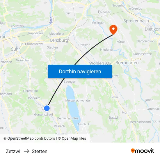 Zetzwil to Stetten map