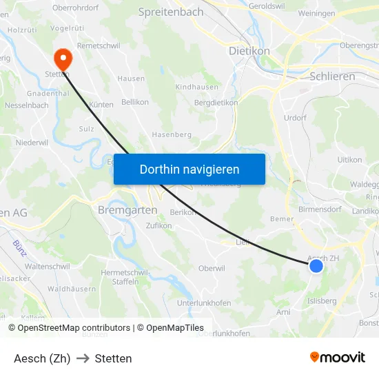 Aesch (Zh) to Stetten map