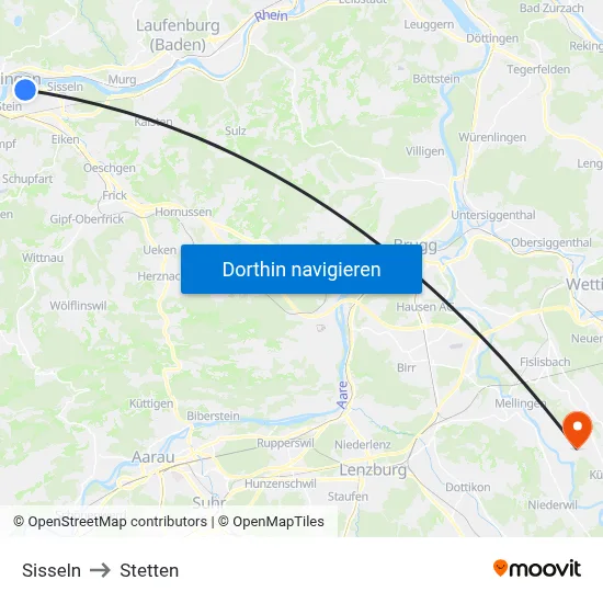 Sisseln to Stetten map