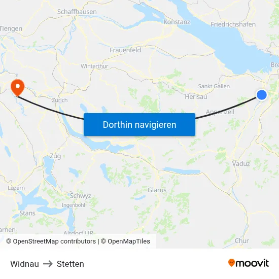 Widnau to Stetten map