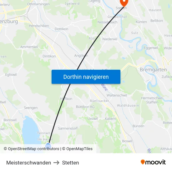 Meisterschwanden to Stetten map