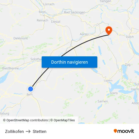Zollikofen to Stetten map