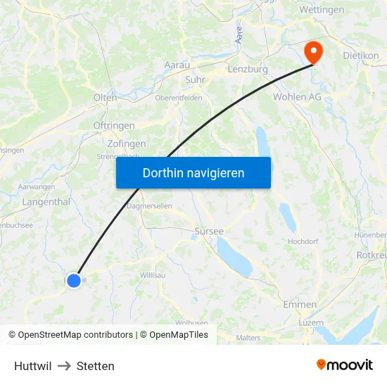 Huttwil to Stetten map