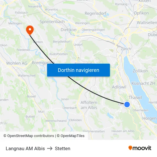 Langnau AM Albis to Stetten map