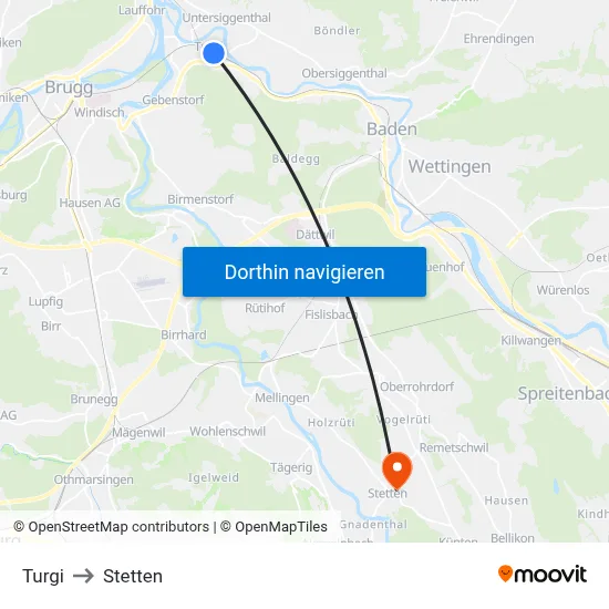 Turgi to Stetten map