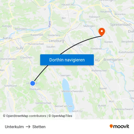 Unterkulm to Stetten map