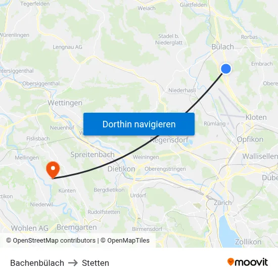 Bachenbülach to Stetten map