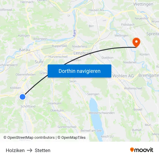 Holziken to Stetten map