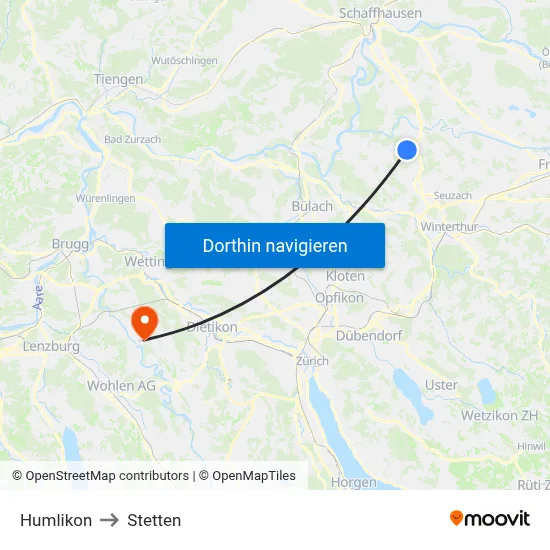 Humlikon to Stetten map