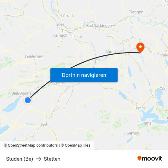 Studen (Be) to Stetten map