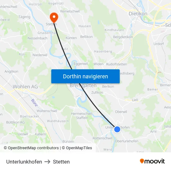 Unterlunkhofen to Stetten map