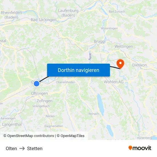 Olten to Stetten map
