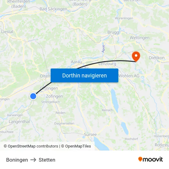 Boningen to Stetten map