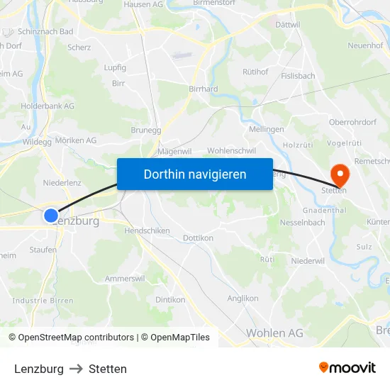Lenzburg to Stetten map