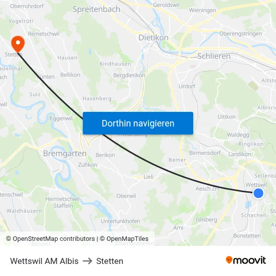 Wettswil AM Albis to Stetten map